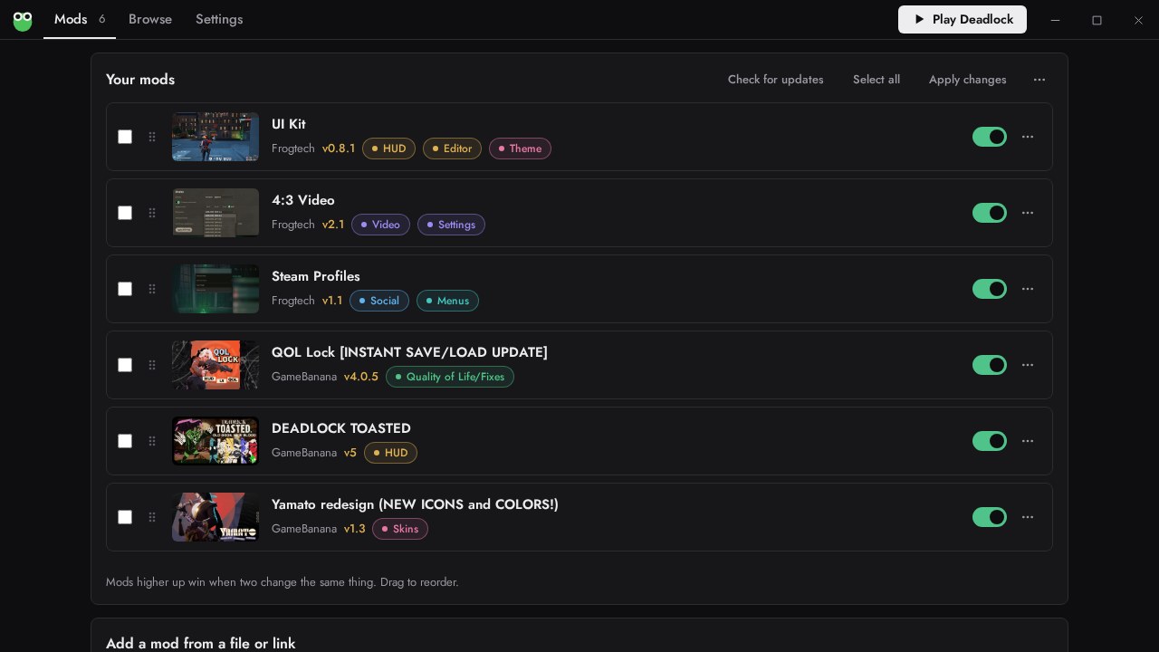 Your mods: everything installed, with toggles, updates and load order.