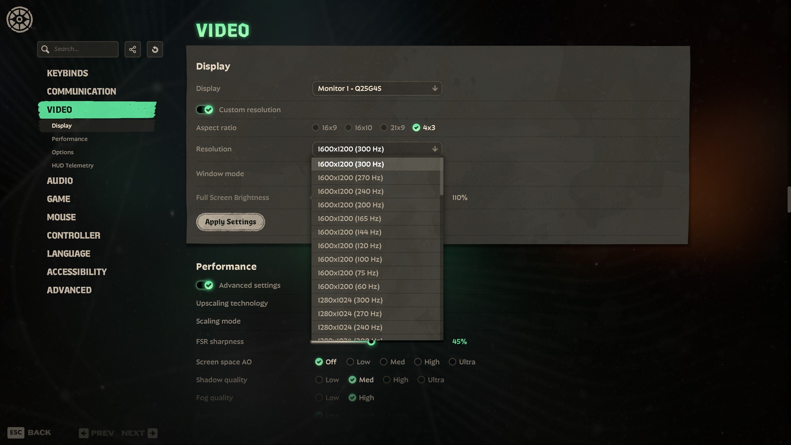 4x3 next to 16:9, 16:10 and 21:9, and the 4:3 resolutions your driver offers