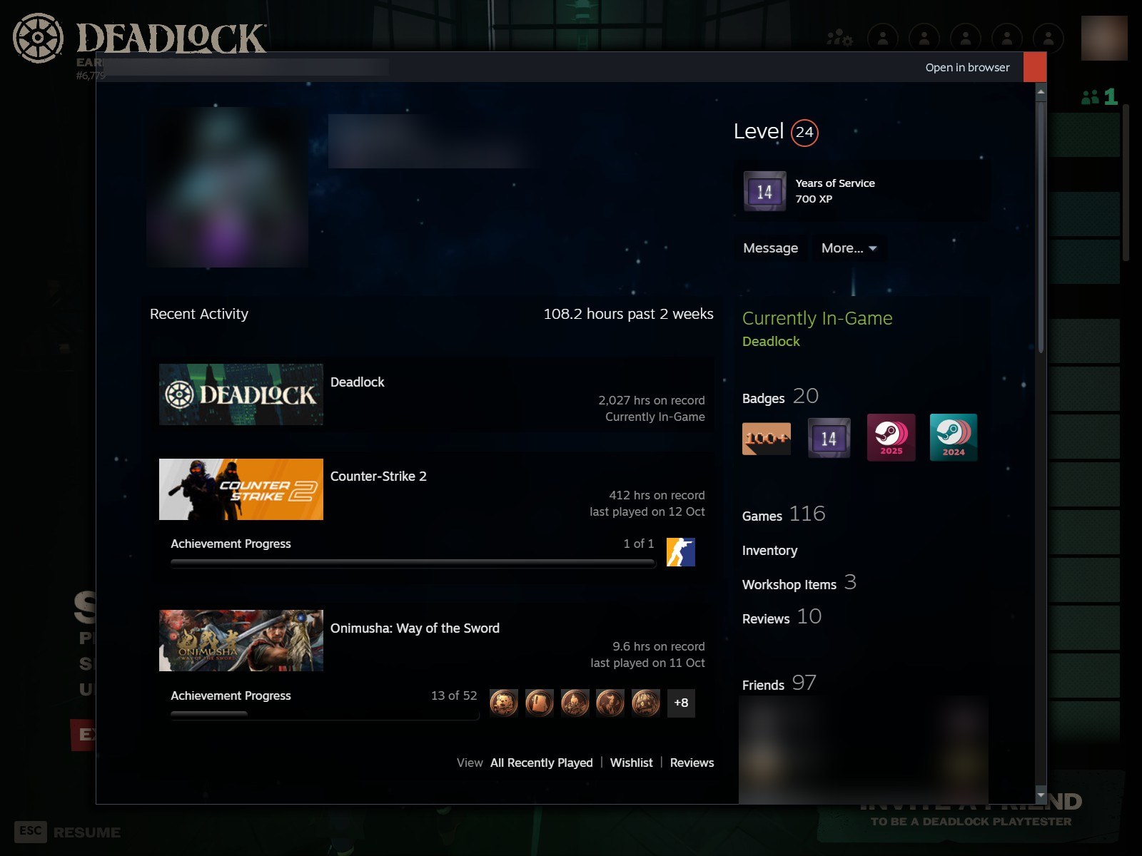 The profile opens in a window over the game.