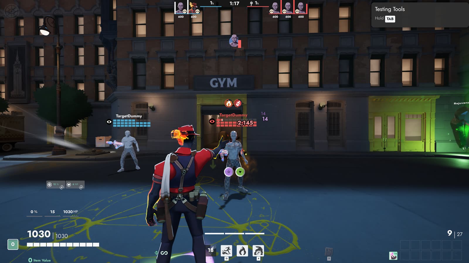 Health squares over the target dummies in Hero Testing (with the Arena theme).
